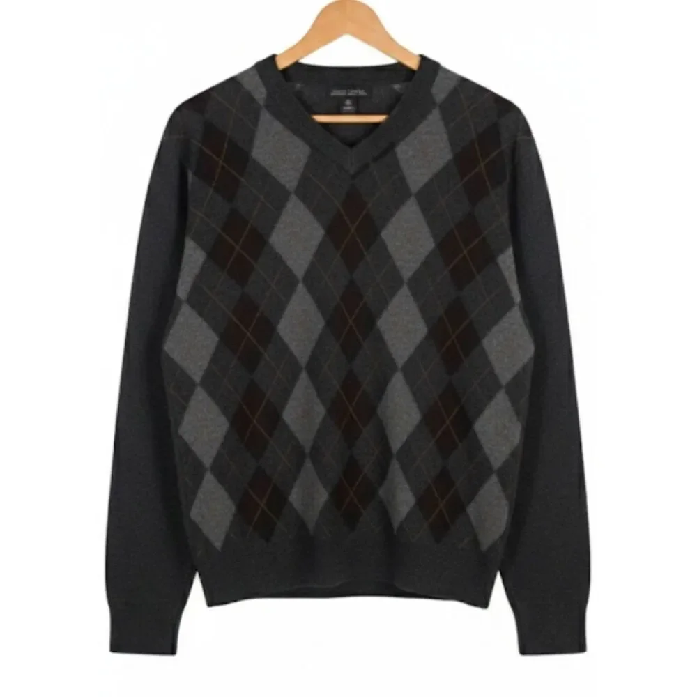 Banana republic mens large sweater argyle gray brown fine wool patch elbow